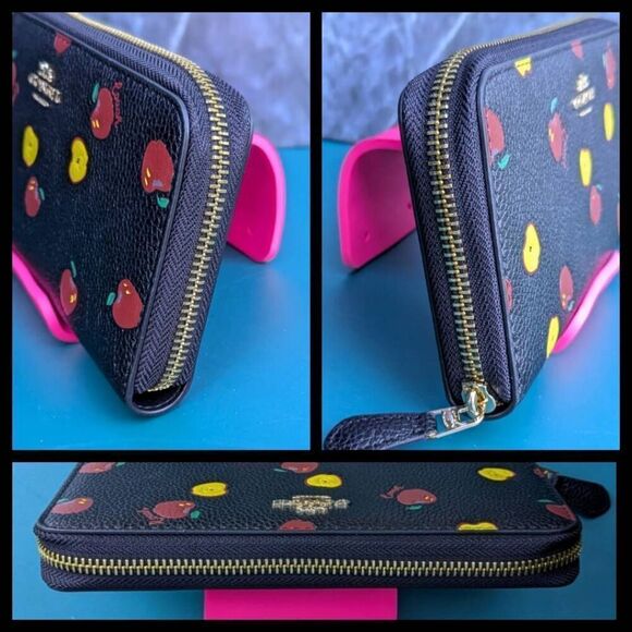 Coach Signature C Scattered Apple Print Black Long Accordion Zip Wallet - Picture 8 of 8